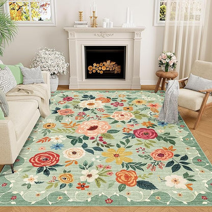 DUKINO 4x6 Area Rug, Floral Rugs for Living Room, Lightweight Non Slip Washable Rug, Indoor Low Pile & Non-Shedding Boho Design Rugs for Bedroom, Living Room, Dining Room, Green