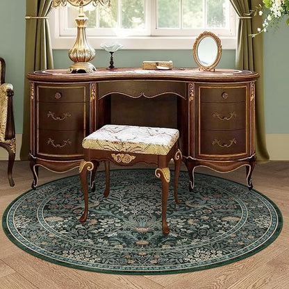 4ft Round Area Rugs for Living Room, Washable Floral Circle Rug Non Slip Low Pile, Vintage Boho Botanical Birds Throw Carpet for Farmhouse, Bedroom, Dining Room, Retro Green/Blue