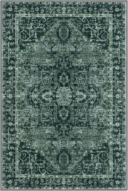 KOZYFLY Area Rug 4x6 Ft Washable Rugs for Entryway Non Slip Faux Wool Printed Throw Rug for Kitchen Bedroom Hallway Living Room Indoor Floor Decoration, Dark Green