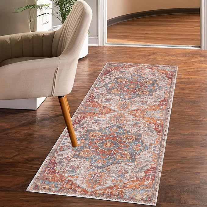 GLN Rugs Traditional Collection - Machine Washable Area Rug, Traditional Washable, Non Slip, Low Pile Chenille Rug, Living Room, Bedroom, Kitchen Rug (2'6" x 7' Cream/Terra)