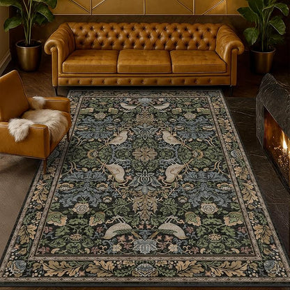 Vintage Floral Area Rug 5x7 for Living Room - Dark Green Forest Bird Rugs for Bedroom, Dinning Room, Office, Non Slip Stain Resistant Low Pile