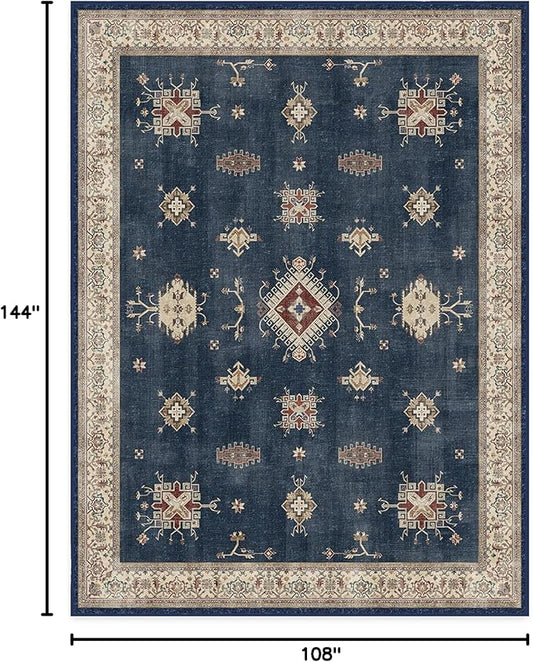 RUGGABLE Washable Vintage Area Rug – Verena Sapphire 9x12, Stain-Resistant, Non-Slip – Large Machine Washable Rugs for Living Room, Bedroom, Hallway, Entryway & Office–with Cushioned Pad