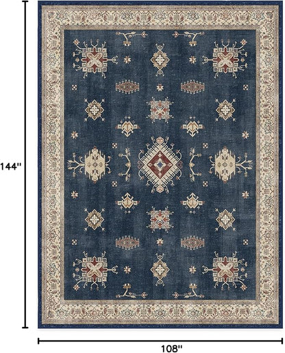 RUGGABLE Washable Vintage Area Rug – Verena Sapphire 9x12, Stain-Resistant, Non-Slip – Large Machine Washable Rugs for Living Room, Bedroom, Hallway, Entryway & Office–with Standard Pad