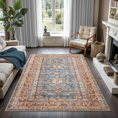 GLN Rugs Traditional Collection - Machine Washable Area Rug, Traditional Washable, Non Slip, Low Pile Chenille Rug, Living Room, Bedroom, Kitchen Rug (4' x 6' Terra/Slate Blue)