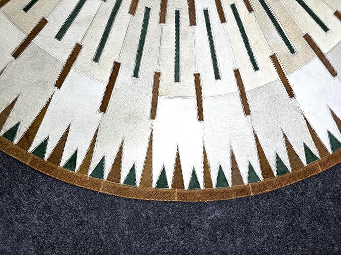 Round Leather Rug for Living Room | Handcrafted Geometric Pattern Cowhide Carpet | Decorative Floor Mat | Leather Rug for Bedroom Office Hall | Durable & Easy to Clean(White_3x3)