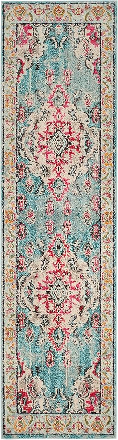 SAFAVIEH Monaco Collection Runner Rug - 2'2" x 20', Light Blue & Fuchsia, Medallion Distressed Design, Non-Shedding & Easy Care, Ideal for High Traffic Areas in Living Room, Bedroom (MNC243J)