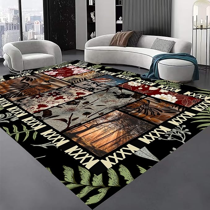 Vintage Jungle Floral Area Rug 8x10ft, Tropical Leaf Print Low Pile Carpet, Washable Non-Slip & Soft Mat for Bedroom, Living Room, Dining Room, Playroom