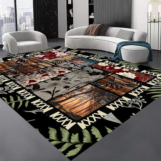 Vintage Jungle Floral Area Rug 4x6ft, Tropical Leaf Print Low Pile Carpet, Washable Non-Slip & Soft Mat for Bedroom, Living Room, Dining Room, Playroom