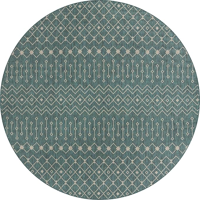 Unique Loom Outdoor Trellis Collection Area Rug - Tribal Trellis (13' Round, Teal/ Ivory)