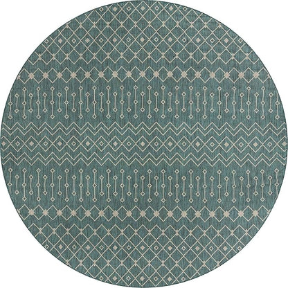 Unique Loom Outdoor Trellis Collection Area Rug - Tribal Trellis (13' Round, Teal/ Ivory)
