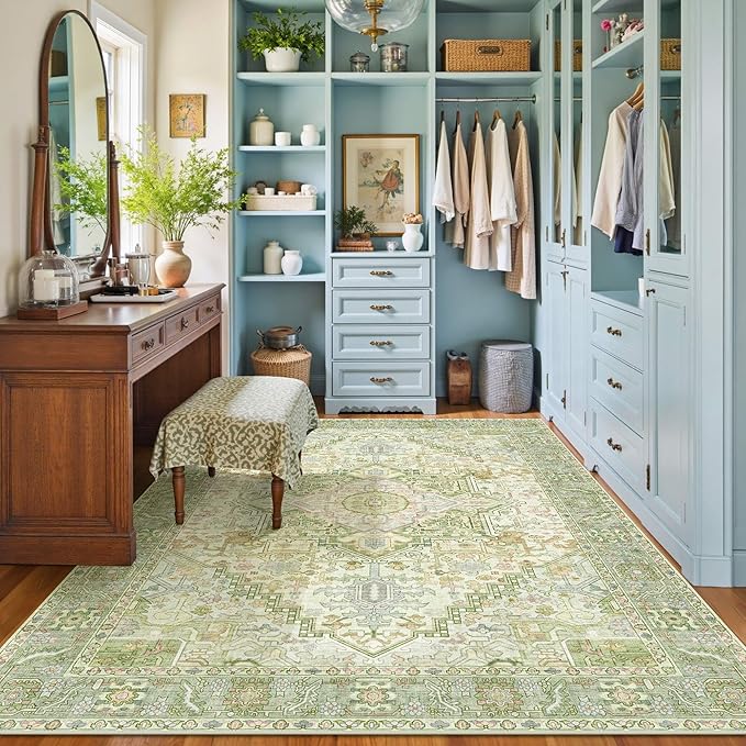 Kokia 8x10 Washable Sage Green Area Rugs with Vintage Orient Design Soft Rug for Living Room or Bedroom Non-Slip Low Pile Stain Resistance Features Distressed Medallion Pattern