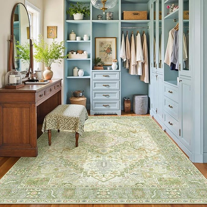 Kokia 8x10 Washable Sage Green Area Rugs with Vintage Orient Design Soft Rug for Living Room or Bedroom Non-Slip Low Pile Stain Resistance Features Distressed Medallion Pattern