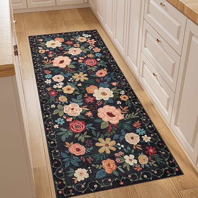 DUKINO 2x5 Runner Rug for Hallway, Washable Kitchen Floral Runner Rug with Non Slip Backing, Low Pile Soft Boho Carpet for Kitchen, Hallway, Entryway, Laundry, Bedroom, Black