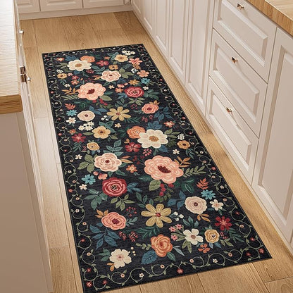DUKINO 2x5 Runner Rug for Hallway, Washable Kitchen Floral Runner Rug with Non Slip Backing, Low Pile Soft Boho Carpet for Kitchen, Hallway, Entryway, Laundry, Bedroom, Black