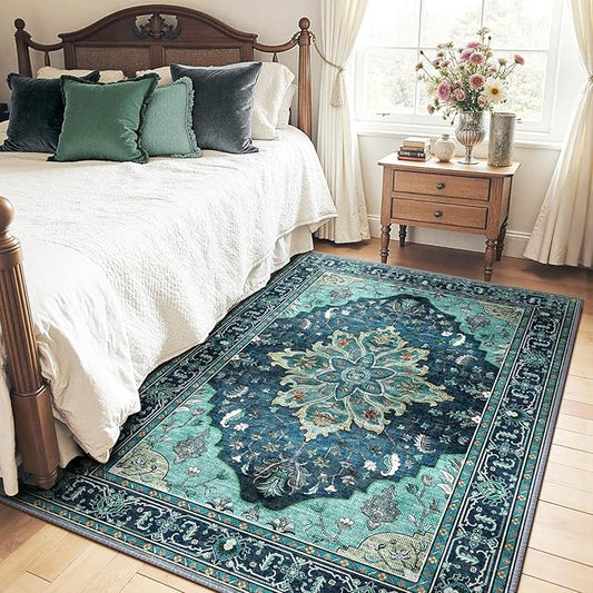 Area Rugs 5'x7' Washable Non-Slip, Floral Vintage Distress Print Pattern Medallion Carpet for Living Room Bedroom Dining Room, Teal Green Lake Blue Turquoise
