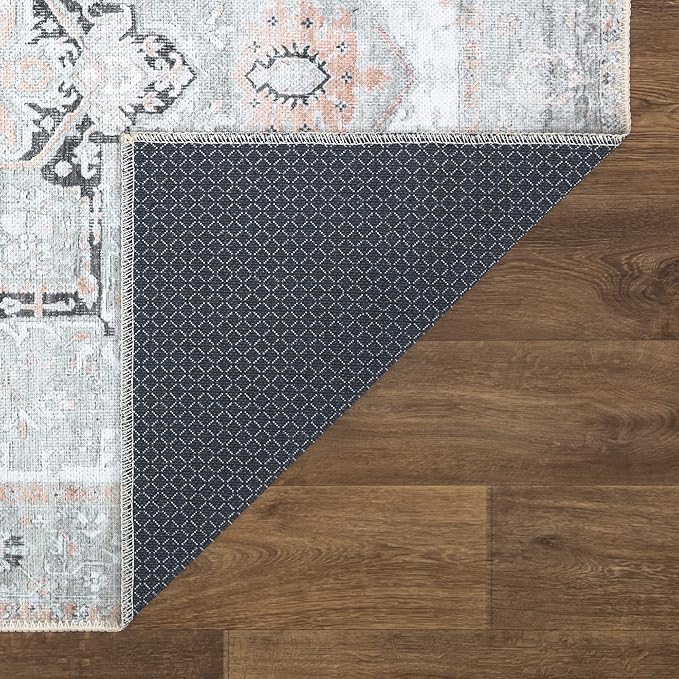 Bloom Rugs Washable Non-Slip 4' x 6' Rug - Gray/Coral Pink Traditional Area Rug for Living Room, Bedroom, Dining Room, and Kitchen - Exact Size: 4' x 6'