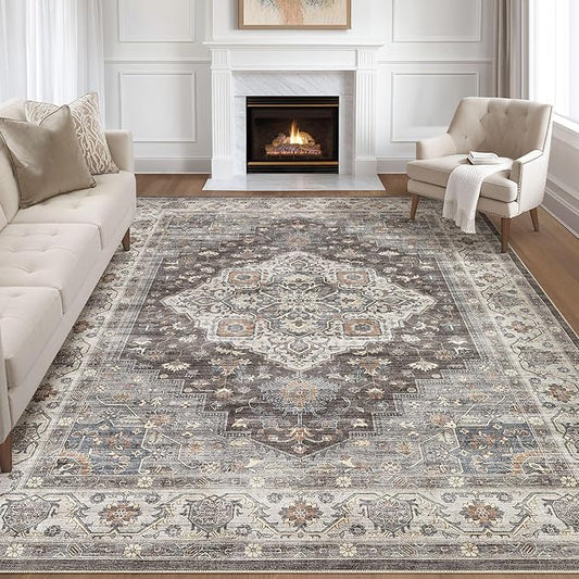 9x12 Area Rug Living Room: Washable Boho Large Neutral Vintage Soft Rugs Stain Resistant Farmhouse Non-Slip Indoor Floor Carpet for Bedroom Nursery Kids Office Dining Room Playroom- Grey Brown