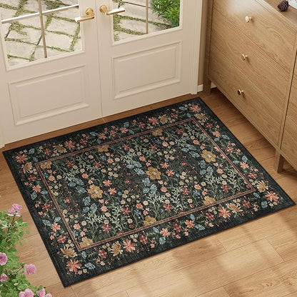 DUKINO 2x3 Entryway Rug, Floral Washable Area Rug with Non Slip Indoor Door Mat, Vintage Low Pile Small Front Door Throw Carpet for Kitchen, Entrance, Bathroom, Bedroom, Black