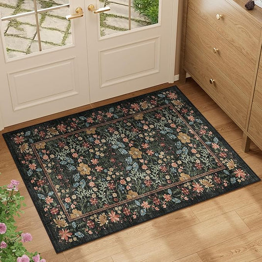 DUKINO 2x3 Entryway Rug, Floral Washable Area Rug with Non Slip Indoor Door Mat, Vintage Low Pile Small Front Door Throw Carpet for Kitchen, Entrance, Bathroom, Bedroom, Black