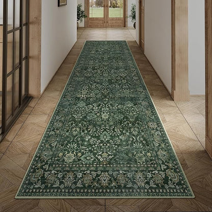 HUGEAR 2x8 Runner Rug Machine Washable Dark Green Hallway Area Rug Indoor Floral Low Pile Carpet Soft Throw Rugs Bedroom Living Room Office Dining Kitchen Laundry Non Slip