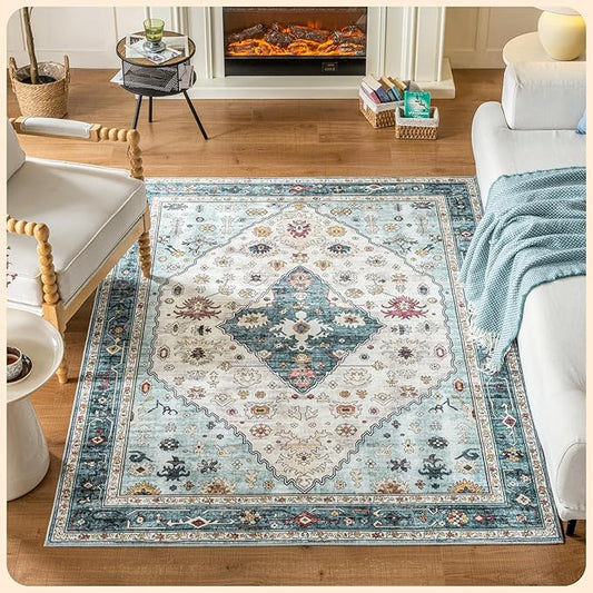 Istana 4x6 Rug - White Cream & Blue Area Rugs 4x6 - Kid & Pet Friendly Machine Washable Rugs - 4 x 6 Area Rug Non Slip & Non Shedding Area Rug - Foldable Rug for Room for Bedroom
