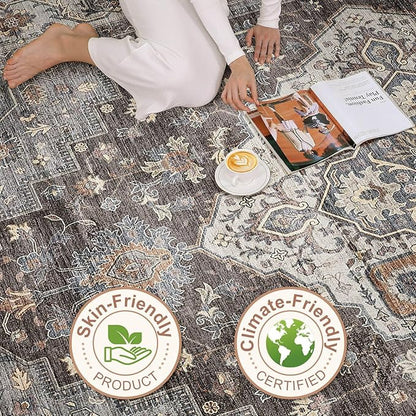 10x14 Area Rugs Living Room: Washable Boho Large Neutral Vintage Soft Rug Stain Resistant Farmhouse Non-Slip Indoor Floor Carpet for Bedroom Nursery Kids Office Dining Room Playroom- Grey Brown