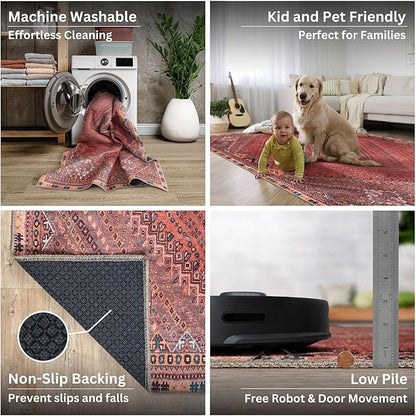 Bloom Rugs Washable Non-Slip 3' x 5' Rug - Red/Multicolor Traditional Bordered Area Rug for Living Room, Bedroom, Dining Room, and Kitchen - Exact Size: 3' x 5'