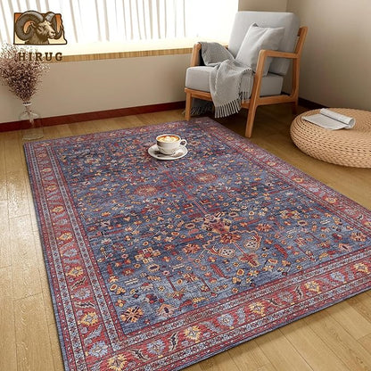 Washable Area Rug 8' x 10' Vintage Traditional Persian Mat - Foldable Distressed Non-Slip Machine Washable Carpet for Living Room Bedroom Kitchen Home Decor - Indigo and Crimson