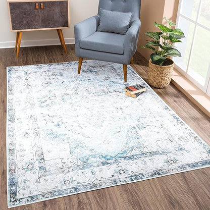 Bloom Rugs Washable Non-Slip 5' x 7' Rug - Beige/Blue Traditional Area Rug for Living Room, Bedroom, Dining Room, and Kitchen - Exact Size: 5' x 7'