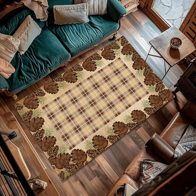 Cabin Pine Cones Area Rug 5x6ft for Living Room, Brown Buffalo Plaid Indoor Anti-Slip Large Area Rug Rustic Style Rugs for Bedroom, Lodge Living Rugs With Pine Cones, Throw Area Rug for Farmhouse