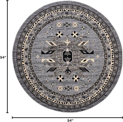 Unique Loom Taftan Collection Border Geometric Tribal Inspired Design Area Rug (8' 0 x 8' 0 Round, Gray/ Black)