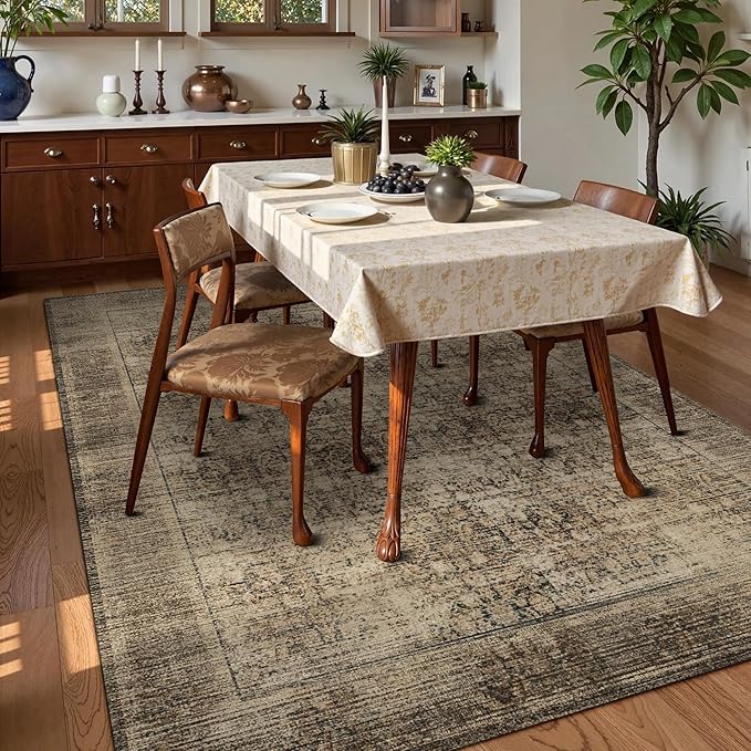 Washable Area Rug 3' x 5 ' Vintage Traditional Persian Mat - Foldable Distressed Non-Slip Machine Washable Carpet for Living Room Bedroom Kitchen Home Decor - Mocha and Taupe