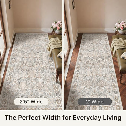 Bavni 2'6''x6 Rug Runners for Hallways, Washable Runner Rug Non Slip, Vintage Floral Print Style Rugs for Bedroom-Lightweight Low Pile Carpet for Hallways Bathroom, Beige Gery