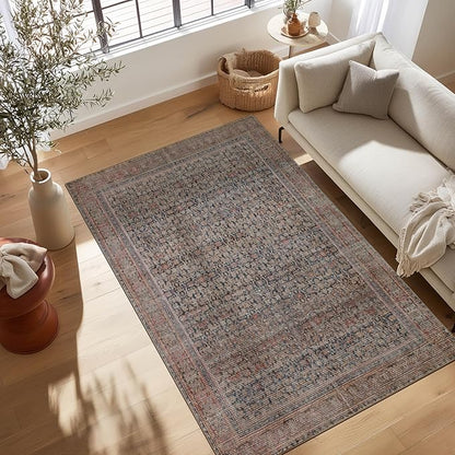 Kuden 6x9 Area Rug, Machine Washable Area Rug with Non-Slip Backing, Vintage Style, Soft, Easy Clean, Low Pile Rug for Living Room, Bedroom, Dining Room