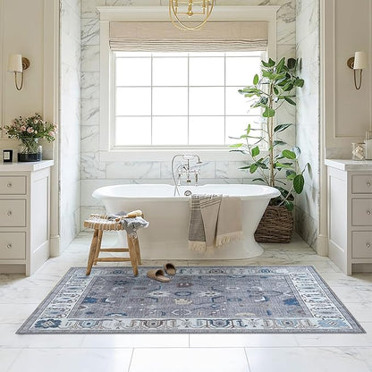 Fame Living Grey Oushak Rug, Modern, Vintage, Turkish, Eclectic, Floral, Pastel, Washable, Area Rugs for Living Room, Dining, Bedroom, Office, Entryway, Foyer, Playroom, Nursery, 5'x6'9"