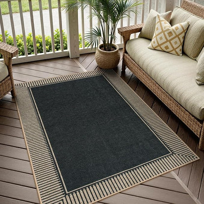 Moynesa Striped Border Easy Jute Outdoor Patio Rug 3x5, Washable Entryway Rug Non Slip with Rubber Backing, Farmhouse Modern Carpet for Backyard Bedroom Living Room Kitchen, Black