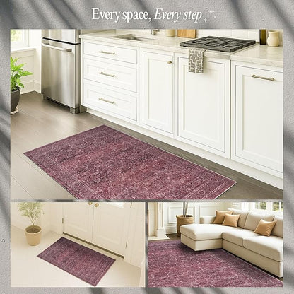 Fame Rugs Turkish Rug. Washable Vintage Oriental Antique Inspired Traditional Doormat Small Modern Area Rugs Luxury Entryway Entry Bedroom Bathroom Kitchen (395RR, 2'5 x 9'8)