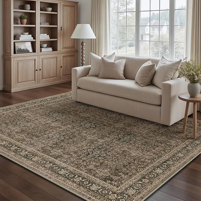 Entryway Area Rug 4x6 Brown Vintage Washable Office Carpet Traditional Distressed Indoor Entry Soft Non Slip Small Door Mat Retro Low Pile Thin Rug for Kitchen Laundry Bedroom