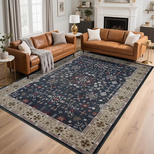 6x9 Washable Blue Area Rug for Living Room Bedroom, Boho Dining Room Rugs for Under Table, Large Low Pile Non-Slip Vintage Print Carpets for Farmhouse, Office, Dorm