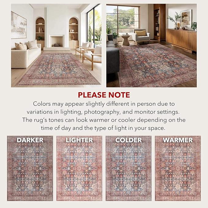 Kuden 6x9 Area Rug, Machine Washable Area Rug with Non-Slip Backing, Vintage Style, Soft, Easy Clean, Low Pile Rug for Living Room, Bedroom, Dining Room
