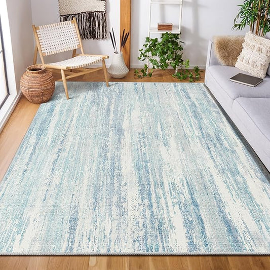 MUJOO 5x7 Washable Area Rug,Modern Abstract Rugs for Living Room Bedroom Dining Room,Large Non Slip Carpet Indoor,Low Pile Throw Rug Accent Neutral Blue