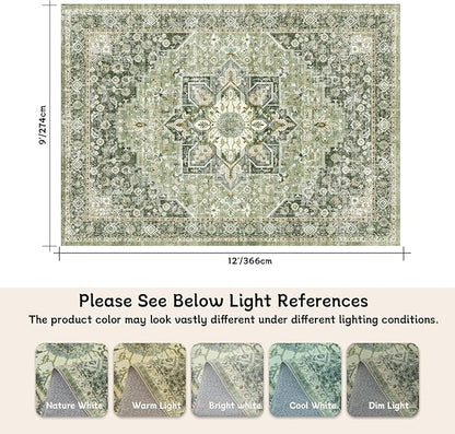 9×12 Machine Washable Rug for Living Room, Boho Vintage 9×12 Area Rug，Distressed Accent Low Pile Ultra Soft Large Carpet for Bedroom Bathroom Dining Room, Floral/Green