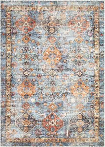 Bloom Rugs Washable Non-Slip 9' x 12' Rug - Blue/Orange Traditional Bordered Area Rug for Living Room, Bedroom, Dining Room, and Kitchen - Exact Size: 9' x 12'