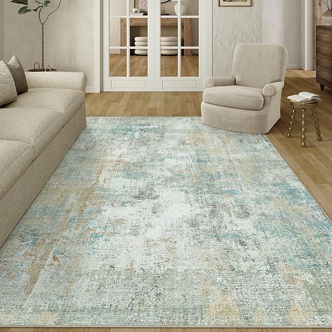 6x9 Washable Area Rug Teal Beige Abstract Living Room Bedroom Carpet Neutral Modern Non-Slip Soft Low Pile Lightweight Vacuumable Throw Rug for Dining Room Kitchen