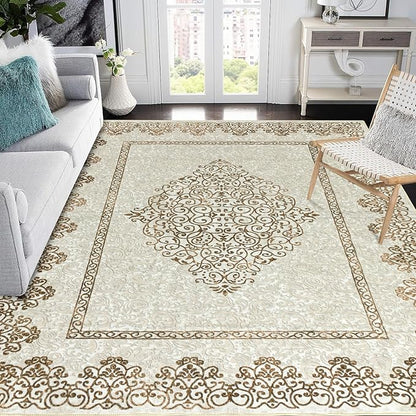 Easy-Going Area Rug 5x7 Washable Boho Neutral Rugs for Living Room Non-Slip Bedroom Rug Low Pile Lightweight Floral Brown Print Vintage Throw Rug for Dining Room Bathroom Kitchen Home Office Carpet