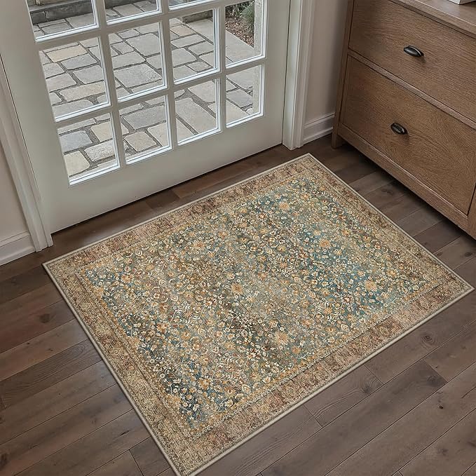 Entryway Area Rug 2x3 Washable Vintage Carpet Non Slip Indoor Kitchen Door Mat Retro Traditional Entrance Accent Throw Small Rug Brick Red for Bathroom Office Bedroom Dining Living Room
