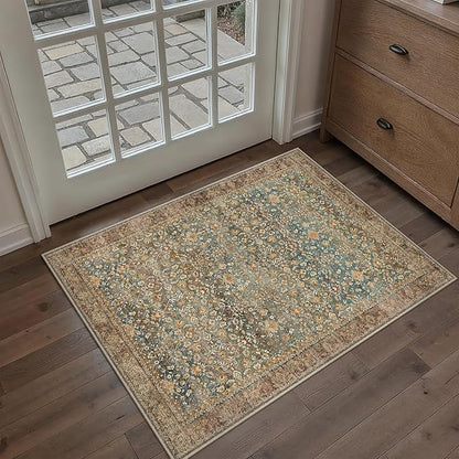 Entryway Area Rug 2x3 Washable Vintage Carpet Non Slip Indoor Kitchen Door Mat Retro Traditional Entrance Accent Throw Small Rug Brick Red for Bathroom Office Bedroom Dining Living Room