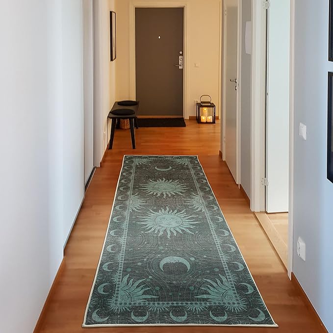 Ambesonne Sun and Moon Decorative Rug, Bohemian Artwork Design of Crescent Solar Ornament Esoteric Stars Ornaments, Quality Carpet for Bedroom Dorm and Living Room, 2' 5" x 7' 5", Grey Teal