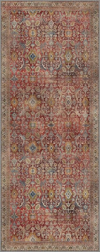 2x5 Runner Rug Machine Washable Boho Runners for Hallway,Ultra-Thin Low Pile Rug,Lightweight Indoor Carpet,Non Slip Floral Runners for Enrtyway, Corridor, Home Office, Kitchen,Burgundy Red