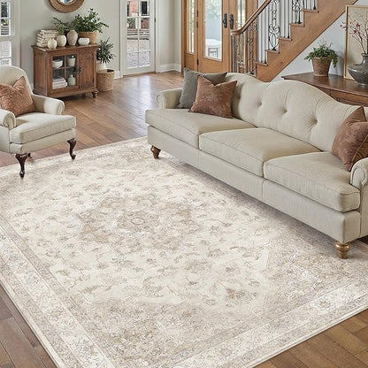 Beige Area Rug 5x8 Washable Living Room Carpet Vintage Non Slip Soft Bedroom Indoor Office Retro Low Pile Thin Oriental Medallion Large Rug for Dining Room Bathroom Kitchen